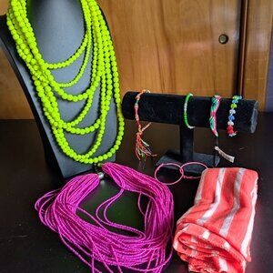 Neon Jewelry & Scarf Bundle – Bright Beaded Necklaces, Bracelets & Hoop Earrings